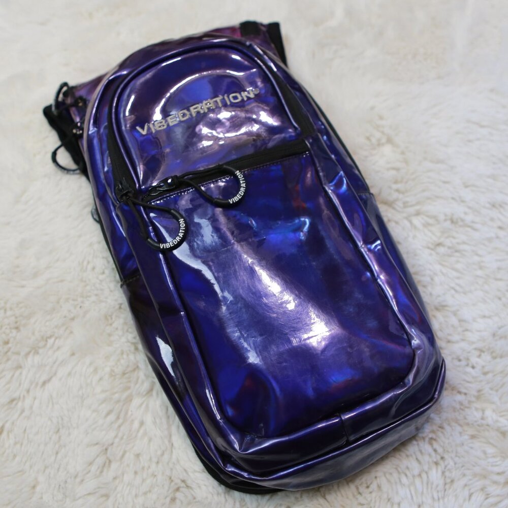 Vibedration Purple Blue Metallic Holographic Hydration Back Pack + Bladders